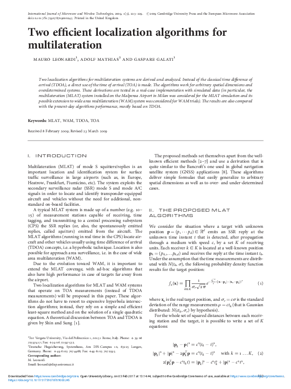 (PDF) Two efficient localization algorithms for multilateration