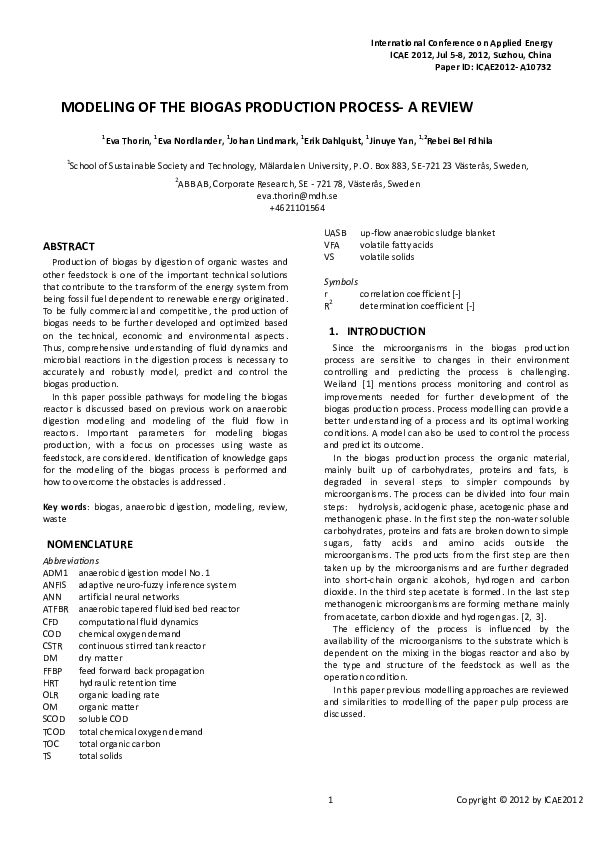(PDF) Modeling of the Biogas Production Process- a Review