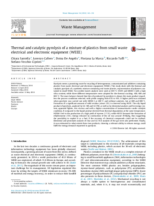 (PDF) Thermal and catalytic pyrolysis of a mixture of plastics from ...