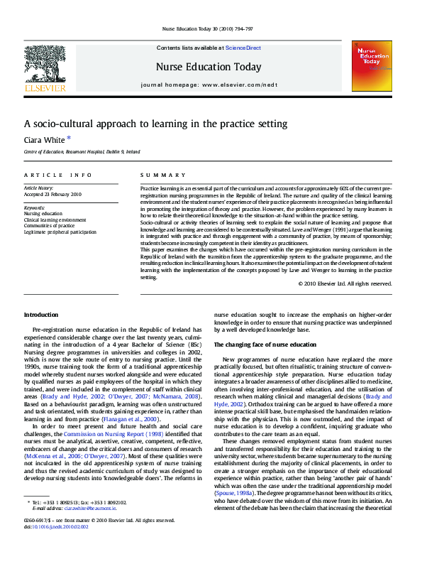 (PDF) A socio-cultural approach to learning in the practice setting