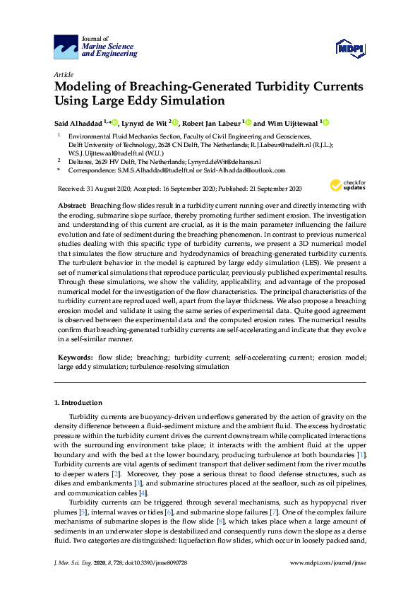 (PDF) Modeling of Breaching-Generated Turbidity Currents Using Large ...