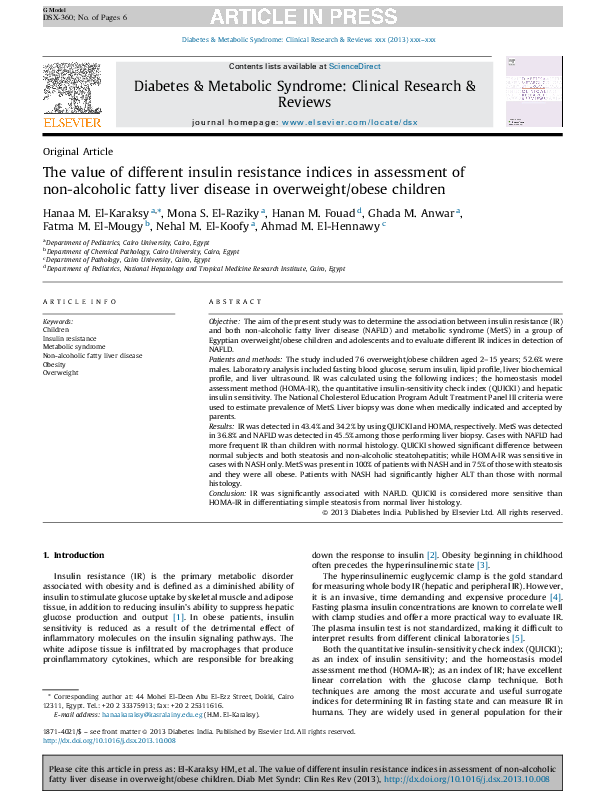 (PDF) The value of different insulin resistance indices in assessment ...