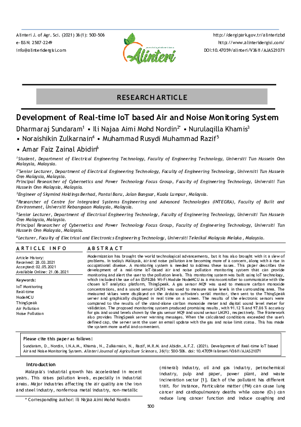 (PDF) Development of Real-time IoT based Air and Noise Monitoring System