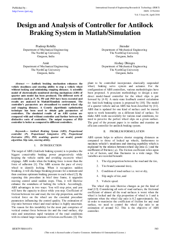 (PDF) Design and Analysis of Controller for Antilock Braking System in ...