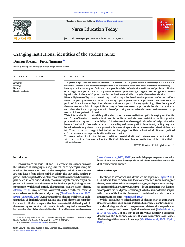 (PDF) Changing institutional identities of the student nurse