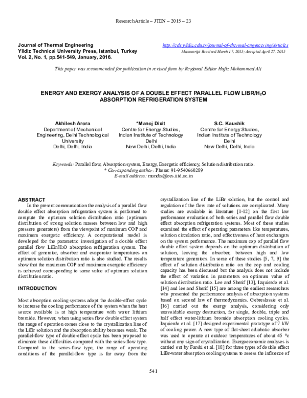(PDF) Energy and Exergy Analysis of a Double Effect Parallel Flow LIBR ...