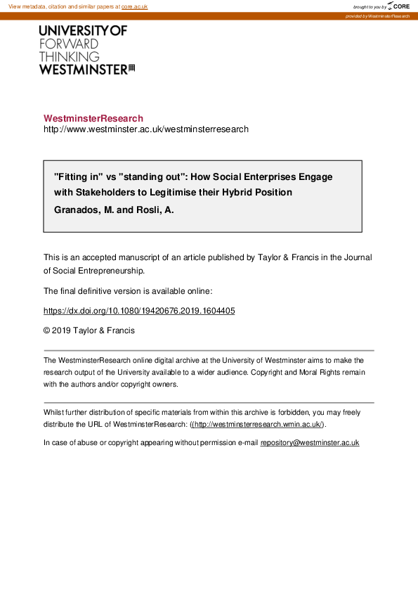 (PDF) ‘Fitting In’ vs. ‘Standing Out’ How Social Enterprises Engage