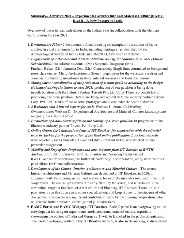 (PDF) Summary Activities 2021 Experimental Architecture and