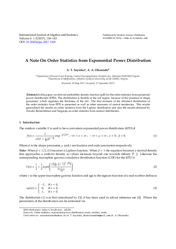 (PDF) A Note On Order Statistics from Exponential Power Distribution