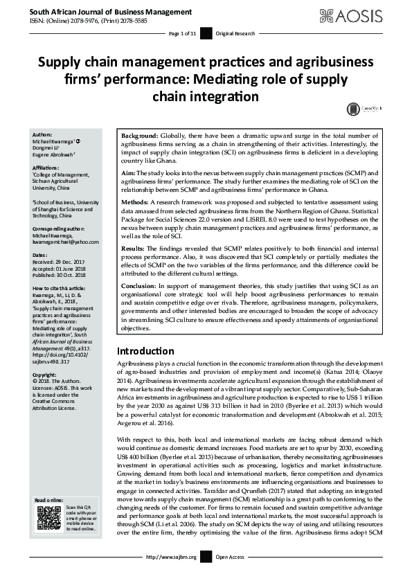(PDF) Supply chain management practices and agribusiness firms ...