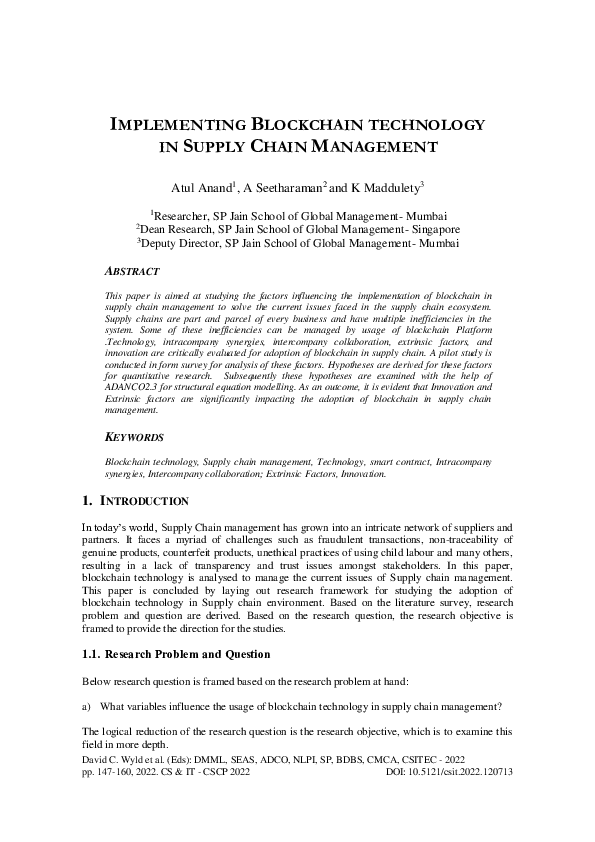 (PDF) IMPLEMENTING BLOCKCHAIN TECHNOLOGY IN SUPPLY CHAIN MANAGEMENT