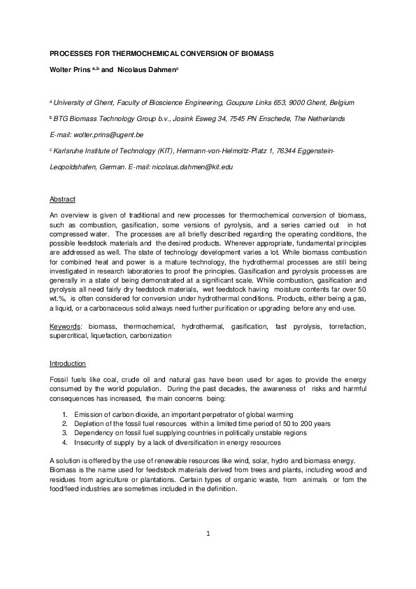 (PDF) Processes for thermochemical conversion of biomass