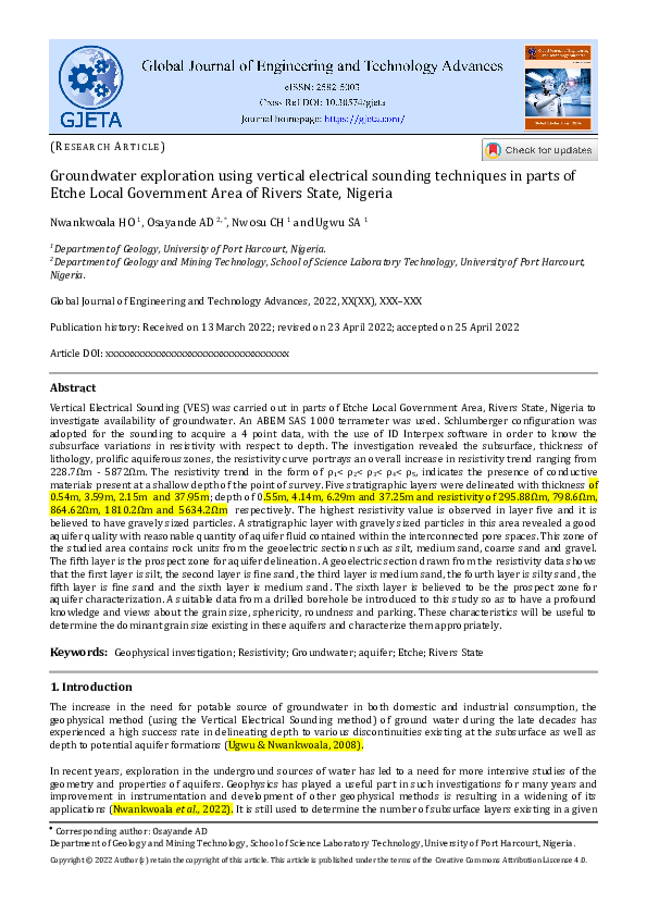 (DOC) Groundwater exploration using vertical electrical sounding ...