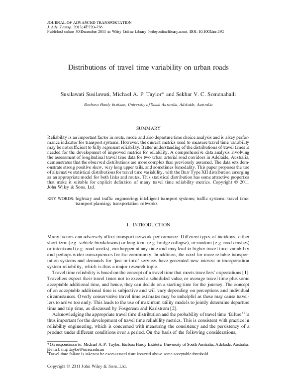 (PDF) Distributions of travel time variability on urban roads