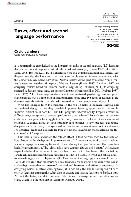 (PDF) Tasks, affect and second language performance