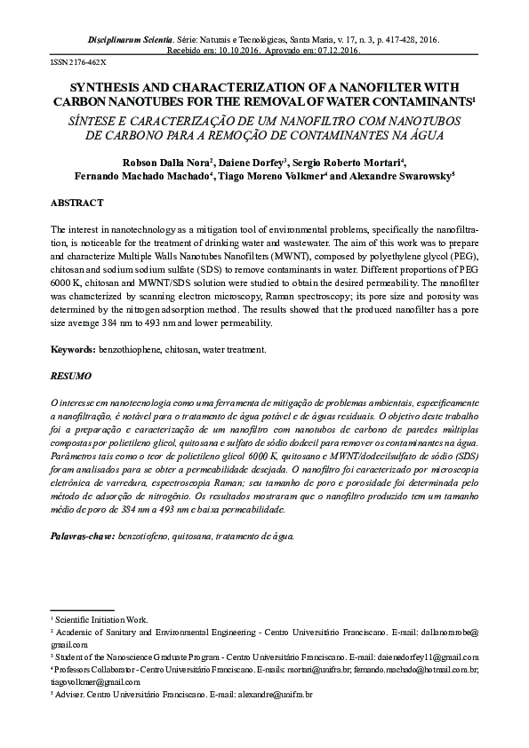 (PDF) Synthesis and characterization of a nanofilter with carbon ...
