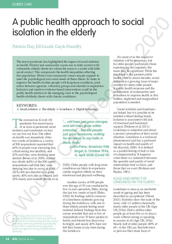 (PDF) A public health approach to social isolation in the elderly