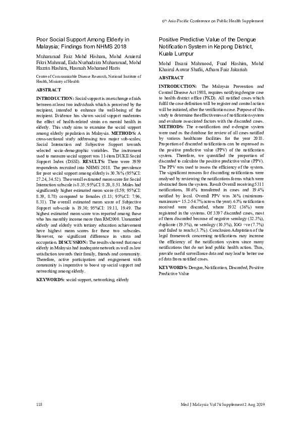 (PDF) Poor Social Support Among Elderly in Malaysia; Findings from NHMS ...