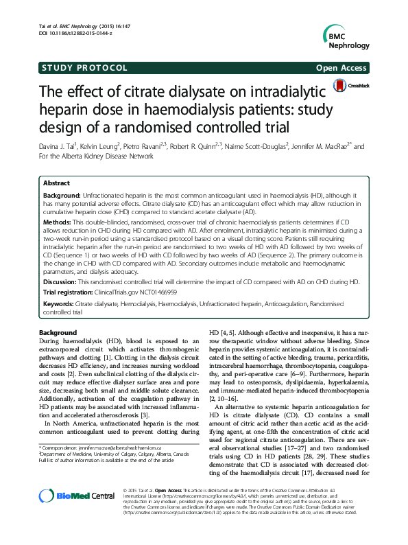 (PDF) The effect of citrate dialysate on intradialytic heparin dose in ...