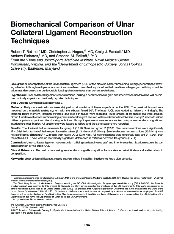 (PDF) Biomechanical Comparison of Ulnar Collateral Ligament ...