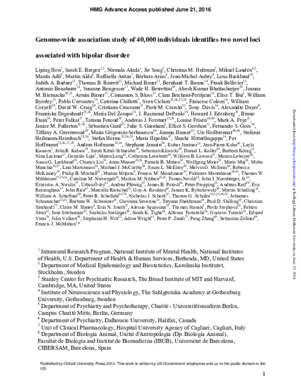 Genome-wide association study of 40,000 individuals identifies two novel loci associated with bipolar disorder