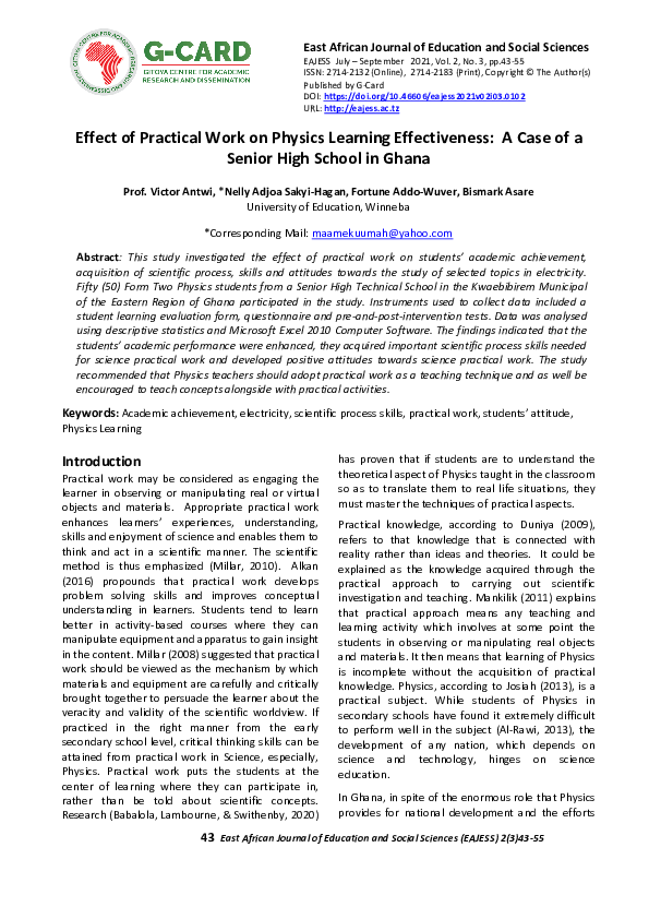 (PDF) Effect of Practical Work on Physics Learning Effectiveness: A ...