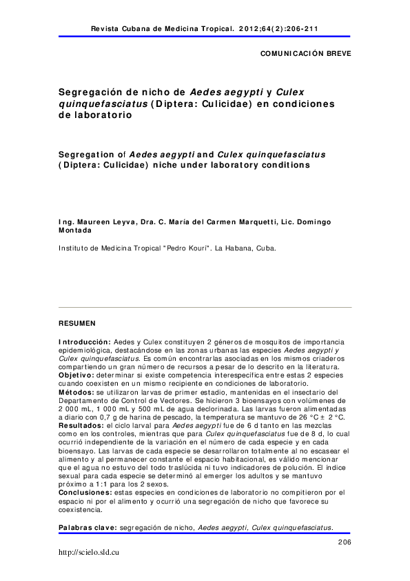 (PDF) [Segregation of Aedes aegypti and Culex quinquefasciatus (Diptera ...