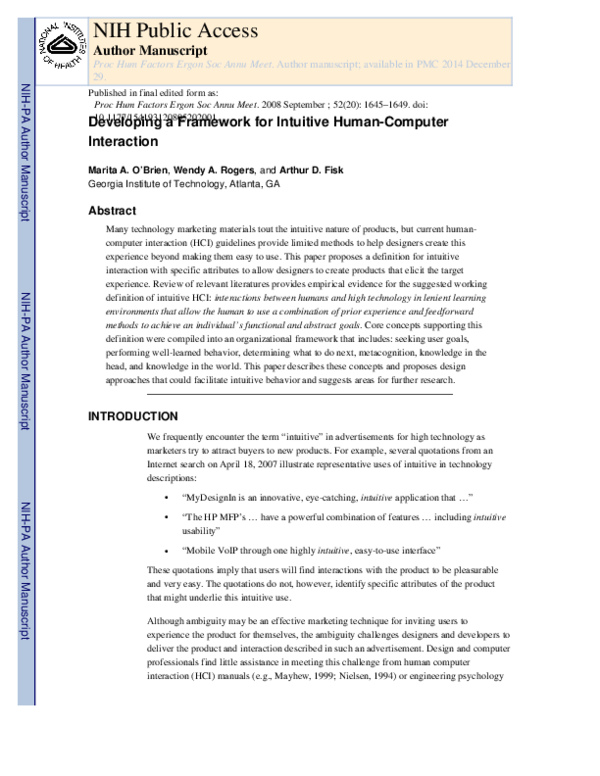 (PDF) Developing a Framework for Intuitive Human-Computer Interaction