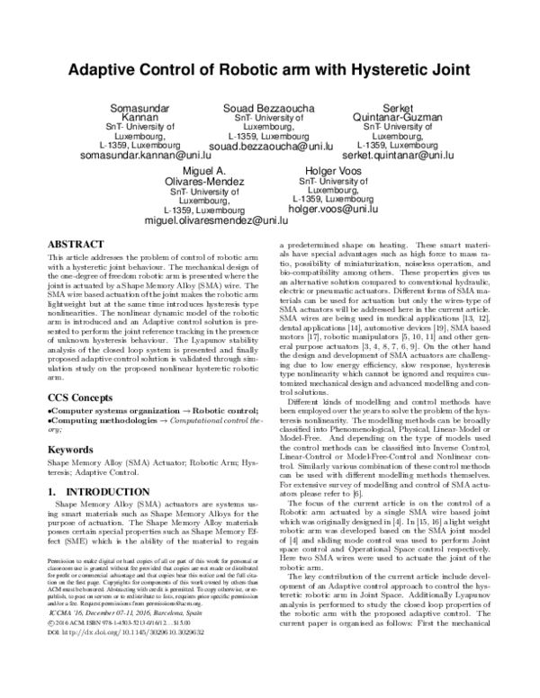 (PDF) Adaptive Control of Robotic arm with Hysteretic Joint