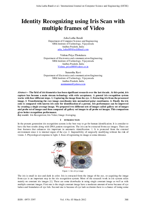 (PDF) Identity Recognizing using Iris Scan with multiple frames of Video