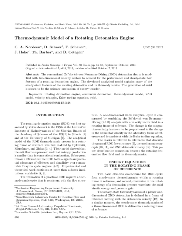 (PDF) Thermodynamic model of a rotating detonation engine