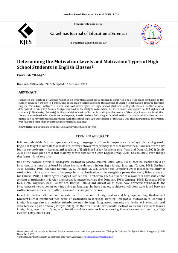 (PDF) Determining the Motivation Levels and Motivation Types of High ...