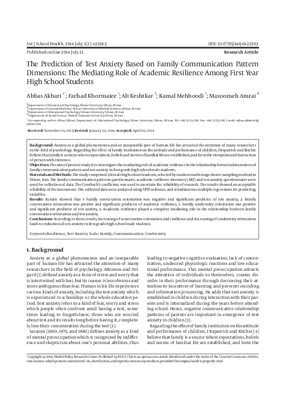 (PDF) The Prediction of Test Anxiety Based on Family Communication ...