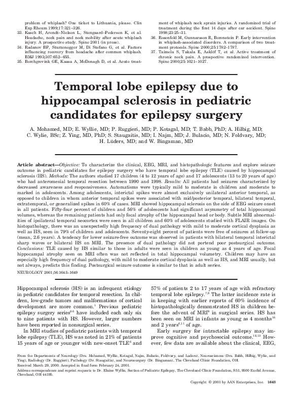 (PDF) Temporal lobe epilepsy due to hippocampal sclerosis in pediatric ...