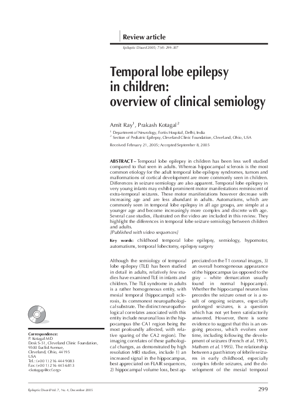 (PDF) Temporal lobe epilepsy in children: overview of clinical semiology