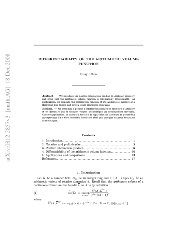 (PDF) Differentiability of the arithmetic volume function