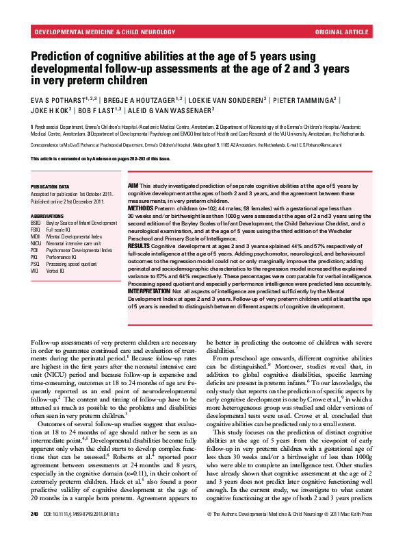 (PDF) Prediction of cognitive abilities at the age of 5 years using ...