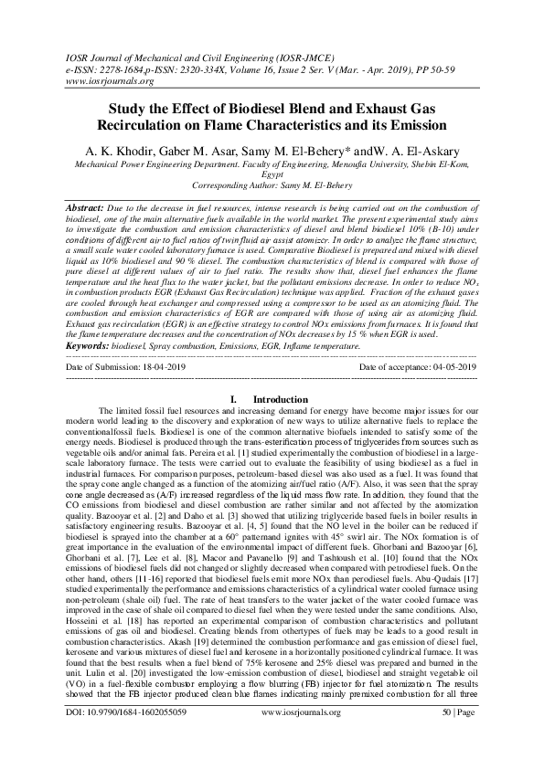 (PDF) Study the Effect of Biodiesel Blend and Exhaust Gas Recirculation ...