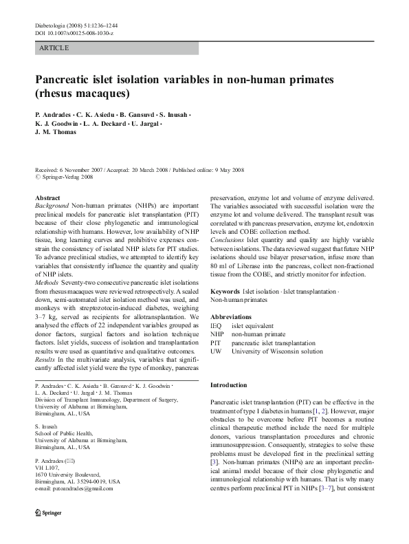 (PDF) Pancreatic islet isolation variables in non-human primates ...