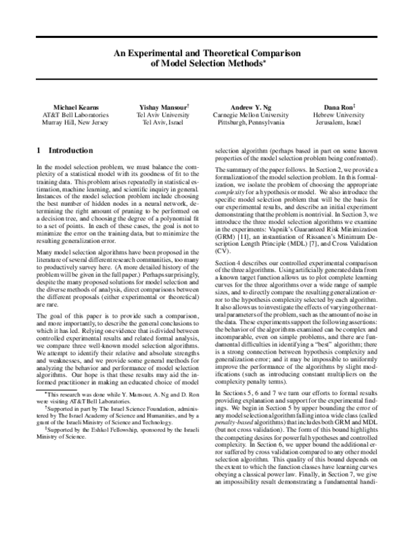 (PDF) An experimental and theoretical comparison of model selection methods