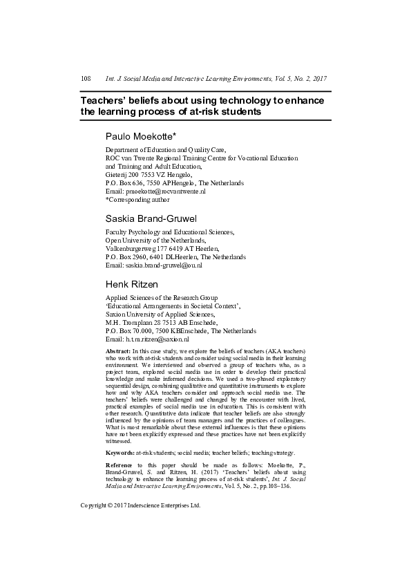 (PDF) Teachers' beliefs about using technology to enhance the learning ...