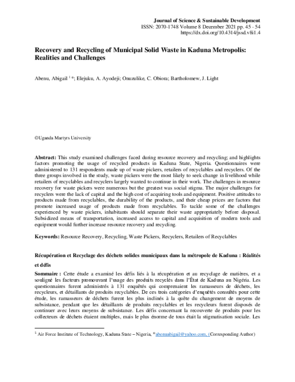 (PDF) Recovery and Recycling of Municipal Solid Waste in Kaduna Metropolis