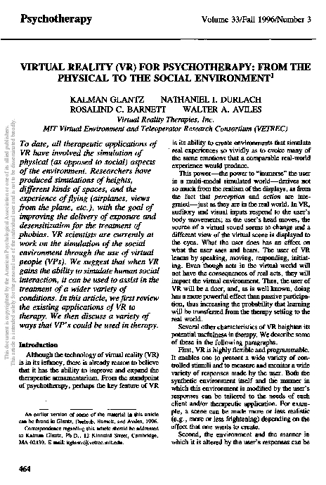 (PDF) Virtual reality (VR) for psychotherapy: From the physical to the ...