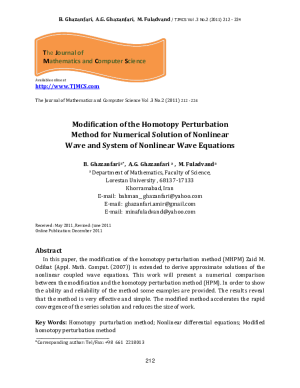 (PDF) Modification Of The Homotopy Perturbation Method For Numerical ...