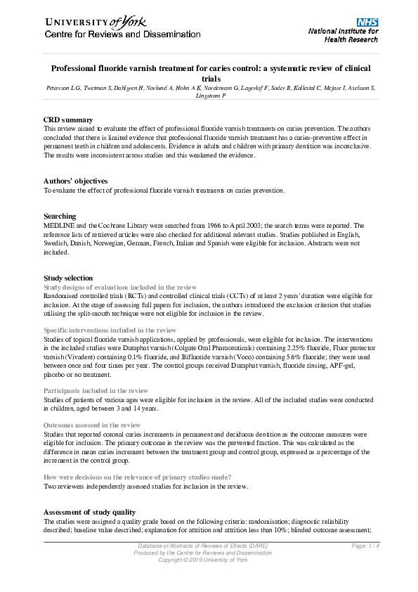 (PDF) Professional fluoride varnish treatment for caries control a systematic review of