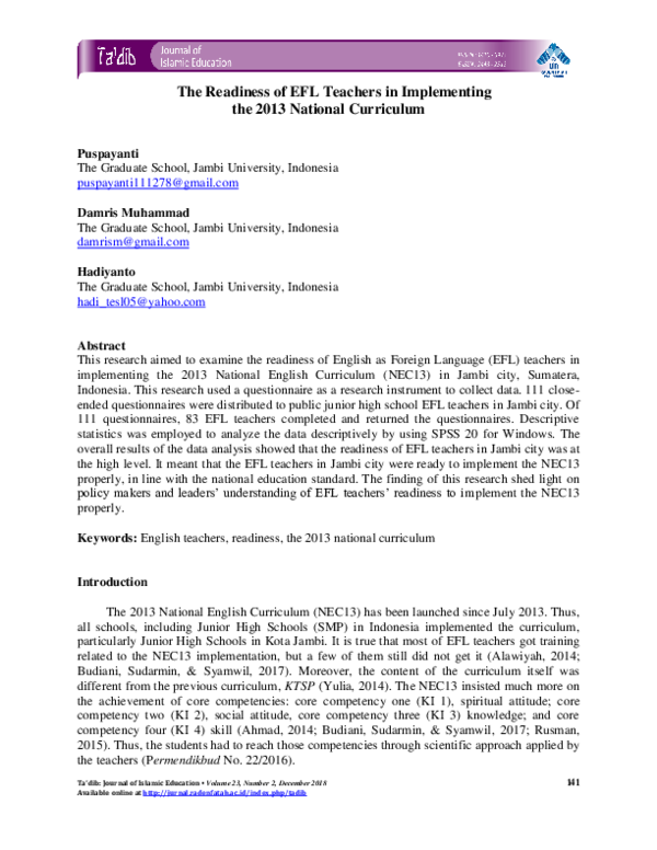 (PDF) The Readiness of EFL Teachers in Implementing the 2013 National ...