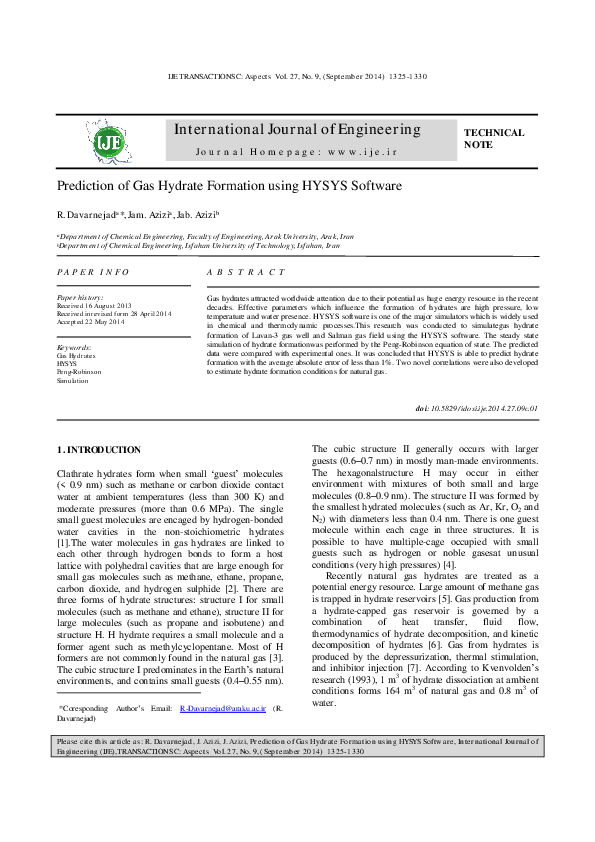 (PDF) Prediction of Gas Hydrate Formation using HYSYS Software ...