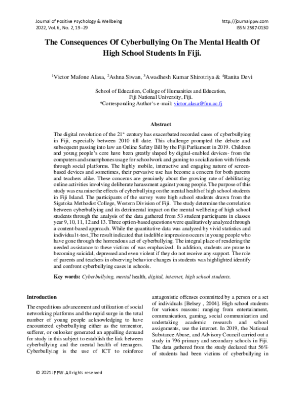 (PDF) The Consequences Of Cyberbullying On The Mental Health Of High ...
