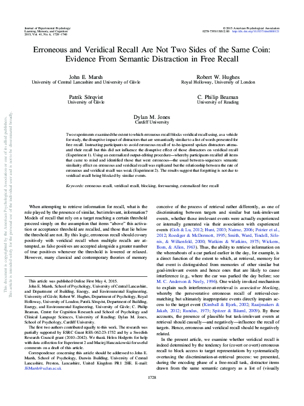 (PDF) Erroneous and Veridical Recall Are Not Two Sides of the Same Coin ...