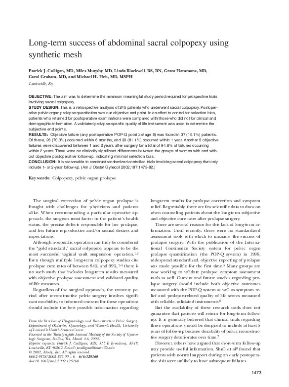 (PDF) Long-term success of abdominal sacral colpopexy using synthetic mesh